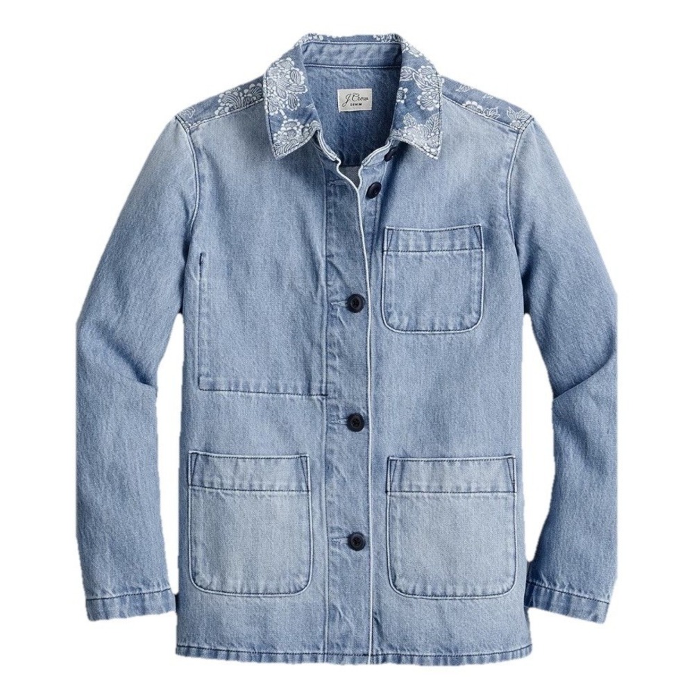J Crew Jacket Women SZ-S Denim Chore Bandana Paisley Collar (Hemp & Cotton Blend